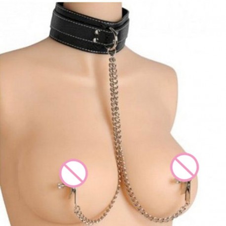 Collier en cuir synthétique noir et pinces tétons réglables avec chainette